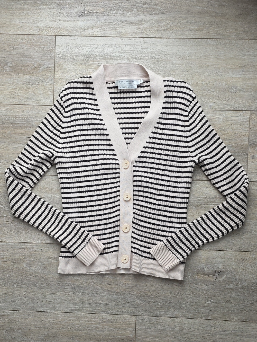 Striped Button-Front Cardigan Sweater - Cream & Black